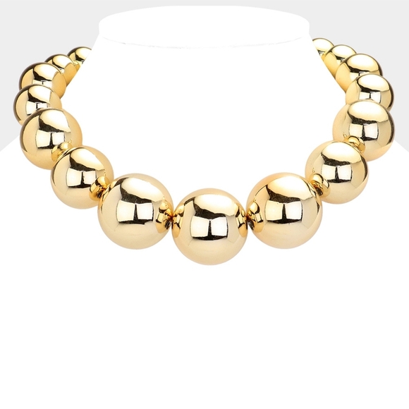 Gold Ball Beaded Necklace Big Chunky Metal Fashion Statement Jewelry Accessory - Picture 1 of 4